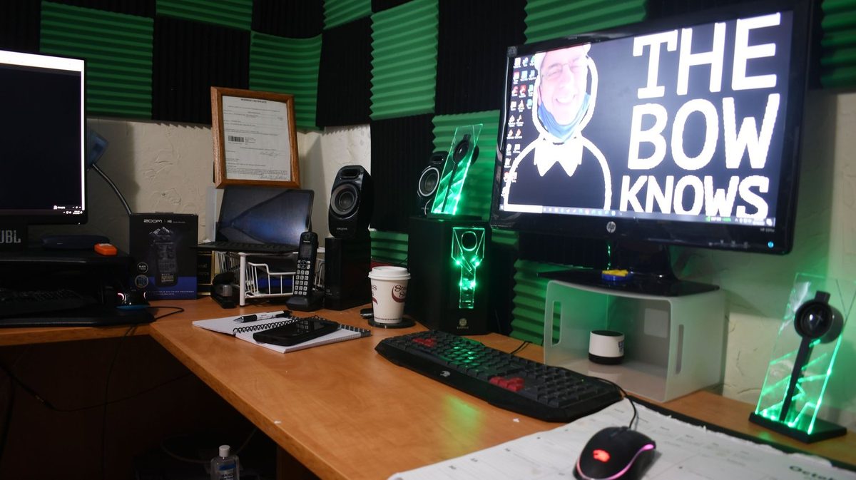 Chris Jones Media studio desk with The Bow Knows on screen